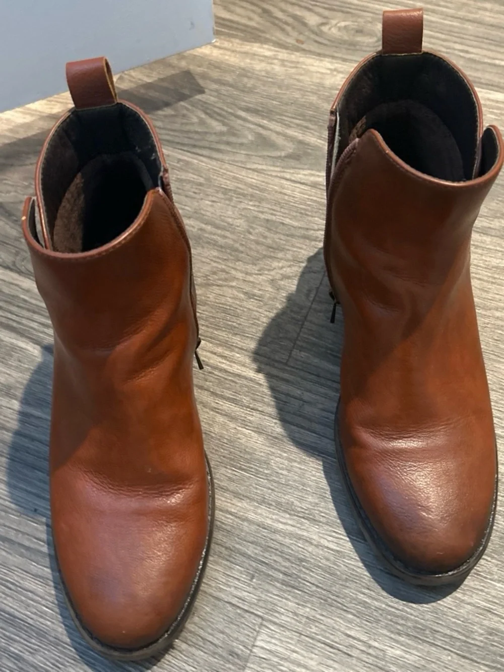 Women's Cognac Leather Ankle Booties with Block Heel